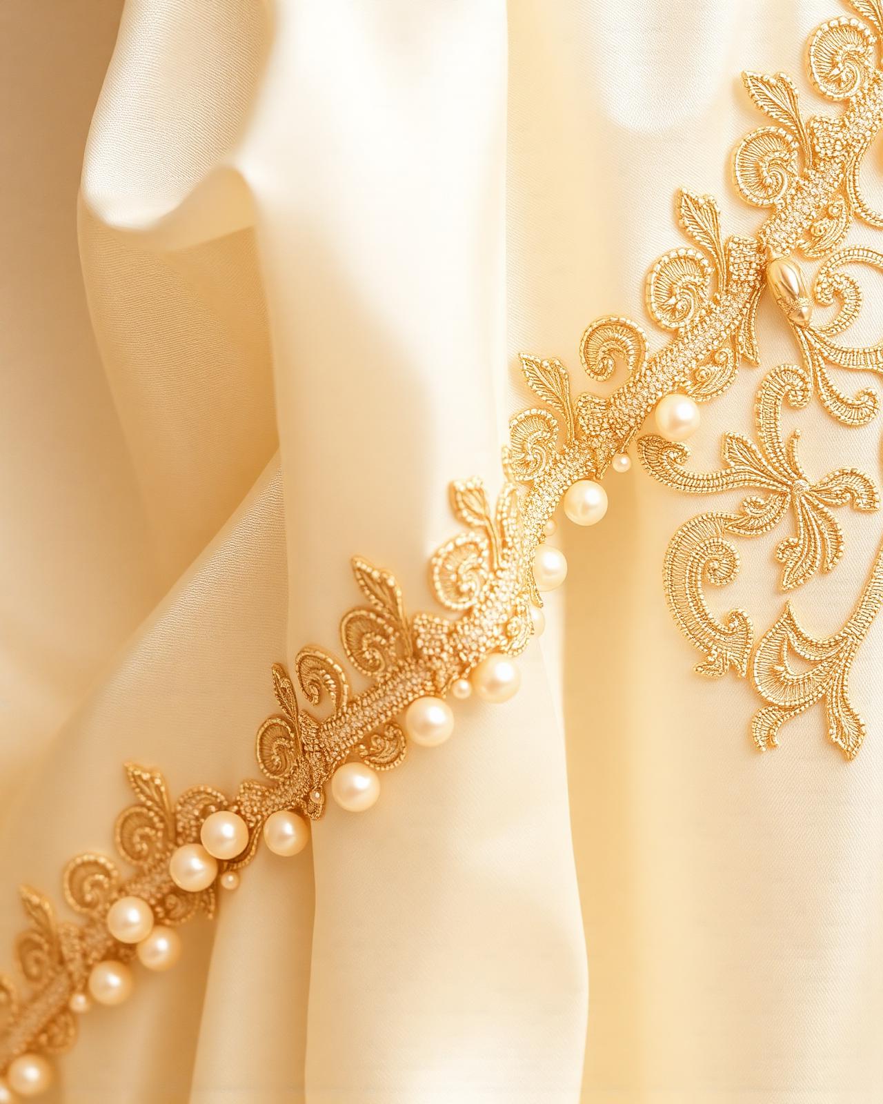 Détail de broderie or et perles sur soie ivoire — Maison Yohel